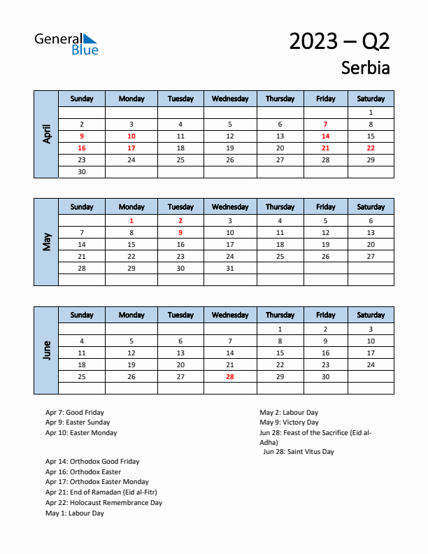 Free Q2 2023 Calendar for Serbia - Sunday Start