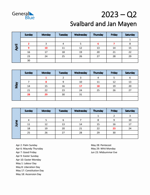 Free Q2 2023 Calendar for Svalbard and Jan Mayen - Sunday Start