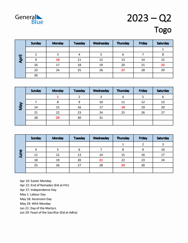 Free Q2 2023 Calendar for Togo - Sunday Start