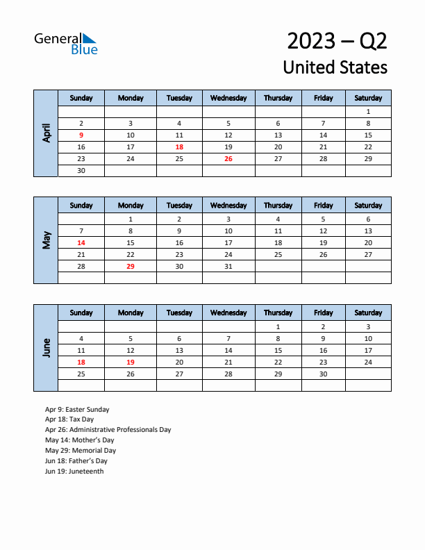 Free Q2 2023 Calendar for United States - Sunday Start