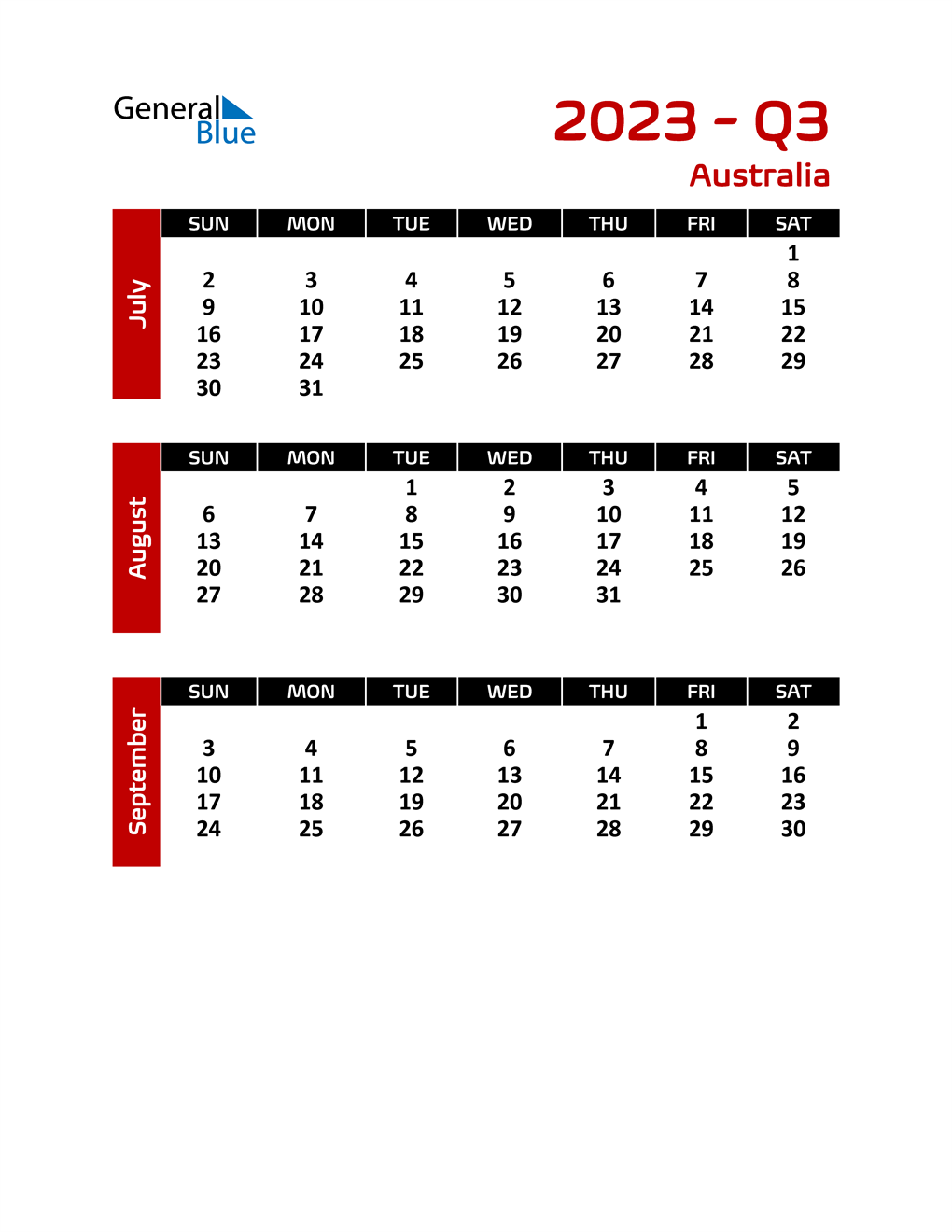 Q3 2023 Quarterly Calendar With Australia Holidays