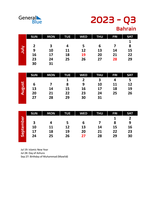 Bahrain Calendars with Holidays