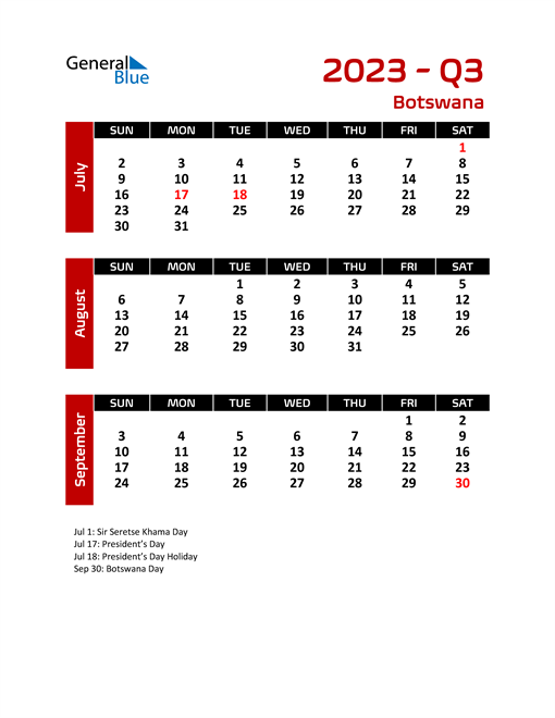 Botswana Calendars with Holidays