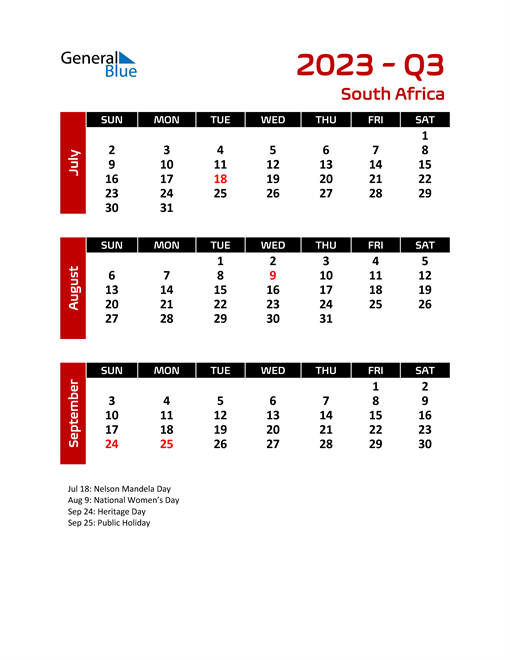 South Africa Calendars with Holidays