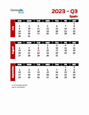 Spain Quarter 3  2023 calendar template