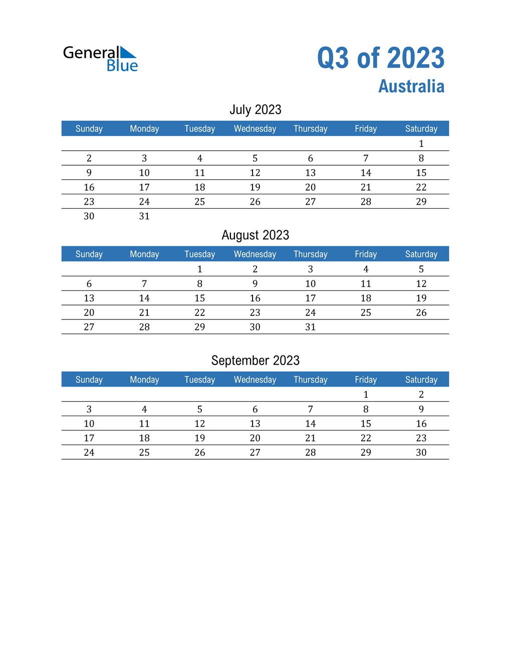 Q3 2023 Quarterly Calendar with Australia Holidays