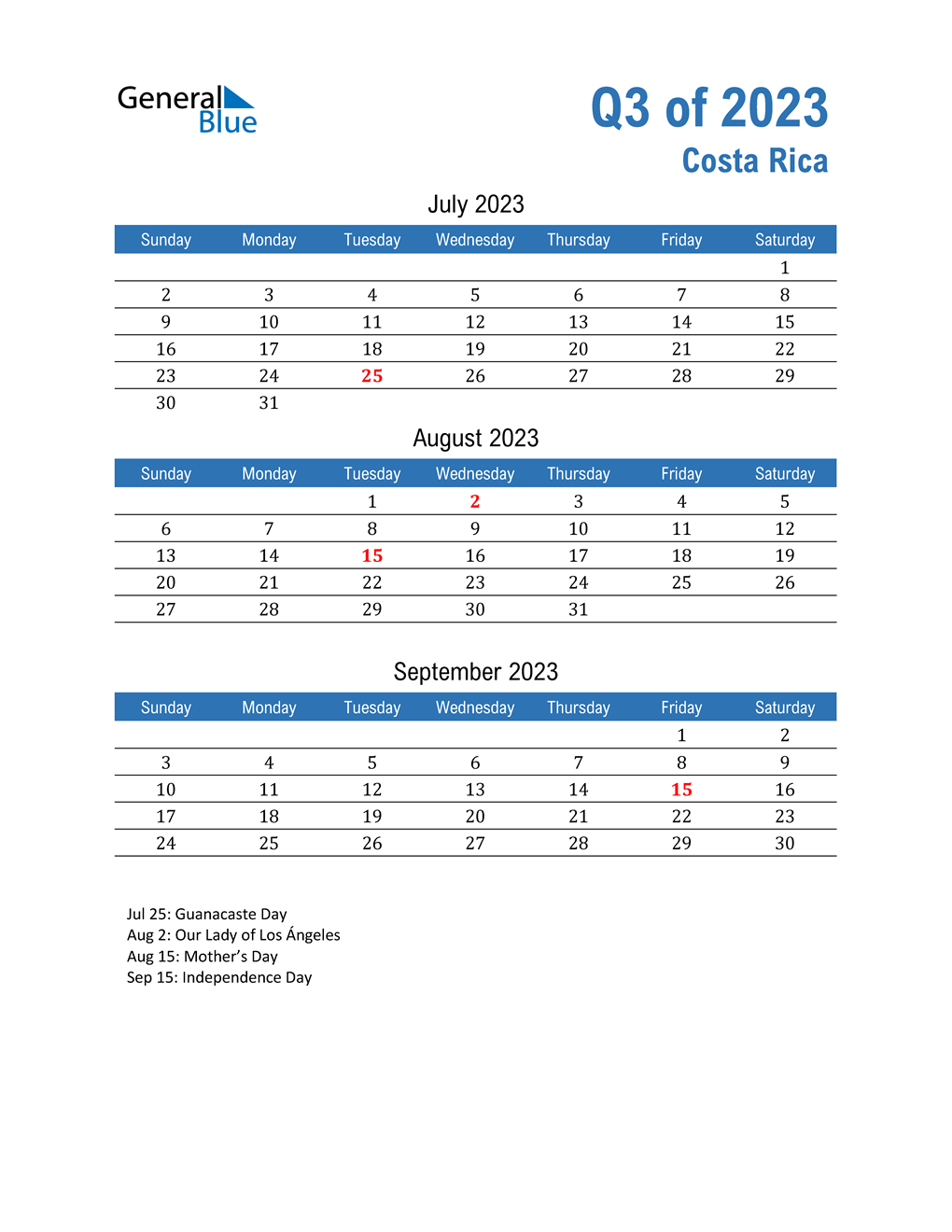  Costa Rica 2023 Quarterly Calendar 
