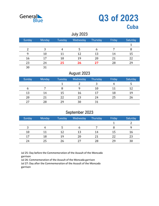  Cuba 2023 Quarterly Calendar 
