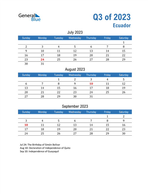 Q3 2023 Quarterly Calendar for Ecuador