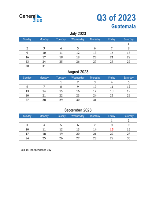  Guatemala 2023 Quarterly Calendar 