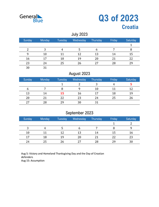  Croatia 2023 Quarterly Calendar 