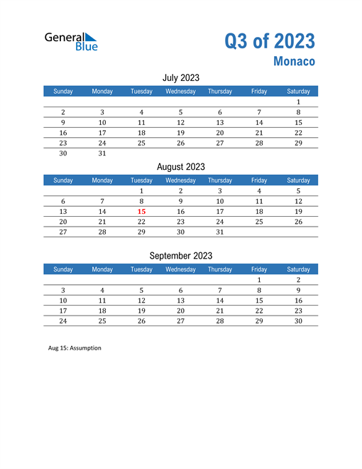  Monaco 2023 Quarterly Calendar 