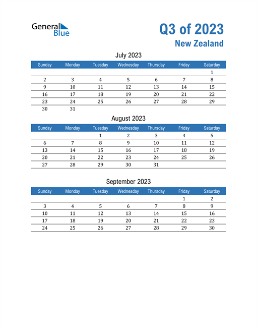 Q3 2023 Quarterly Calendar With New Zealand Holidays