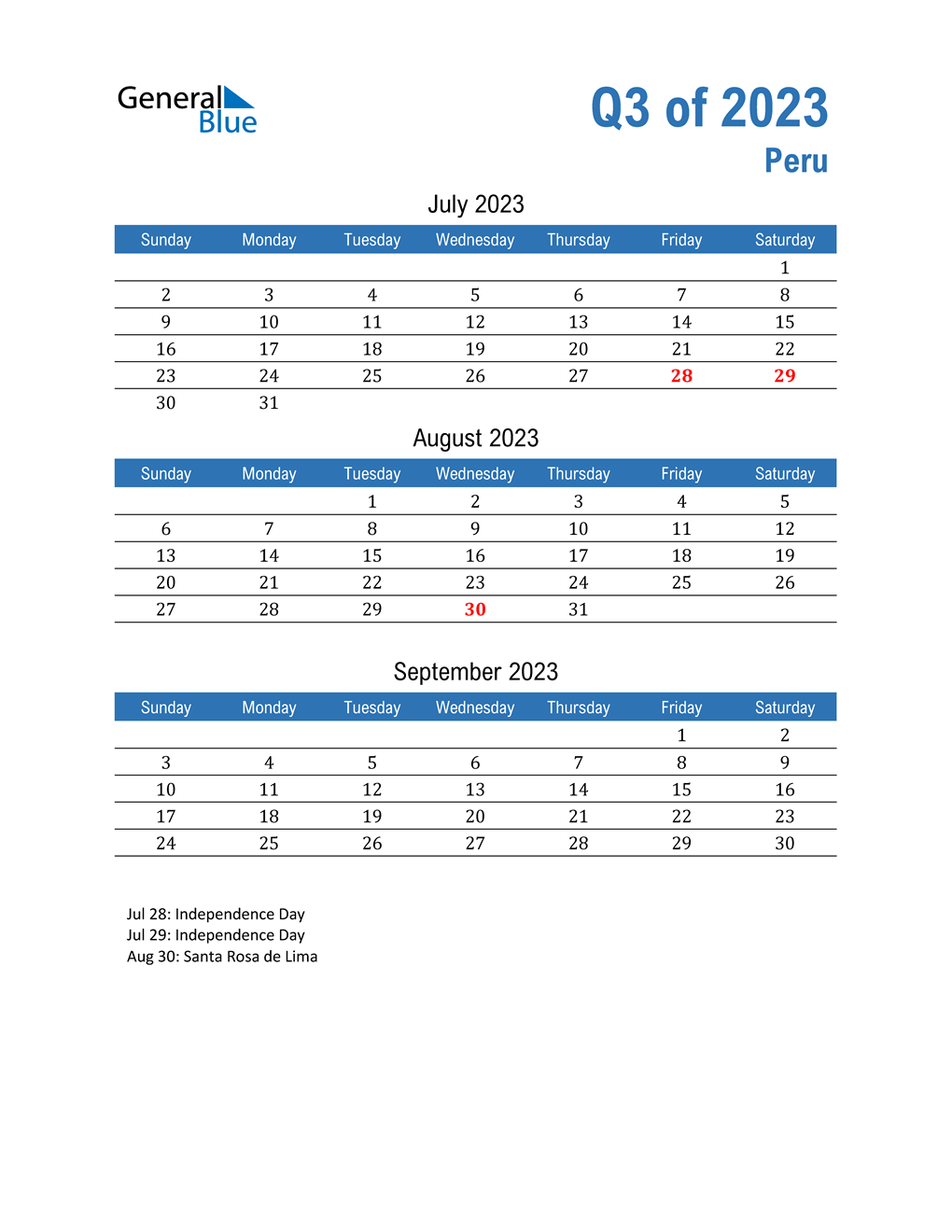  Peru 2023 Quarterly Calendar 