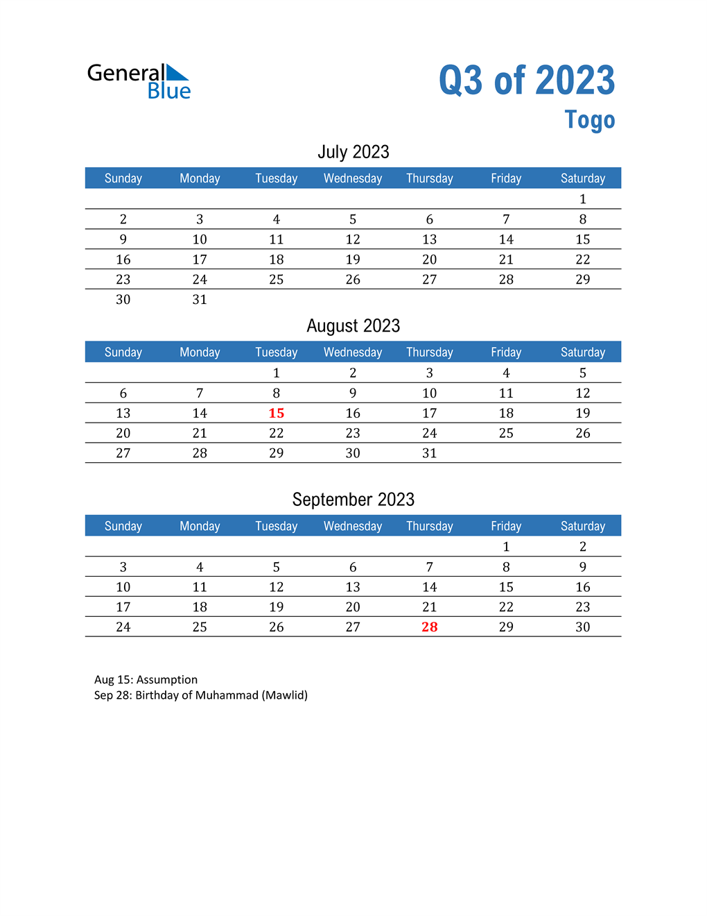  Togo 2023 Quarterly Calendar 