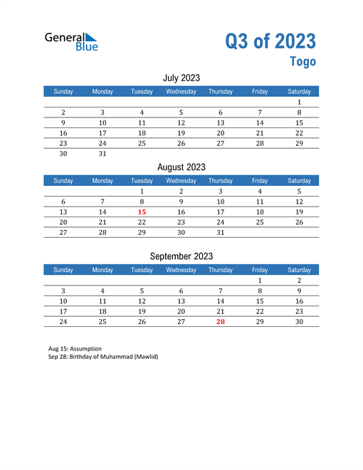  Togo 2023 Quarterly Calendar 