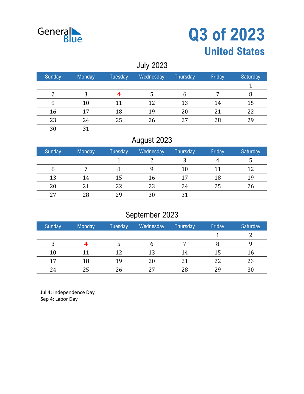  United States 2023 Quarterly Calendar 