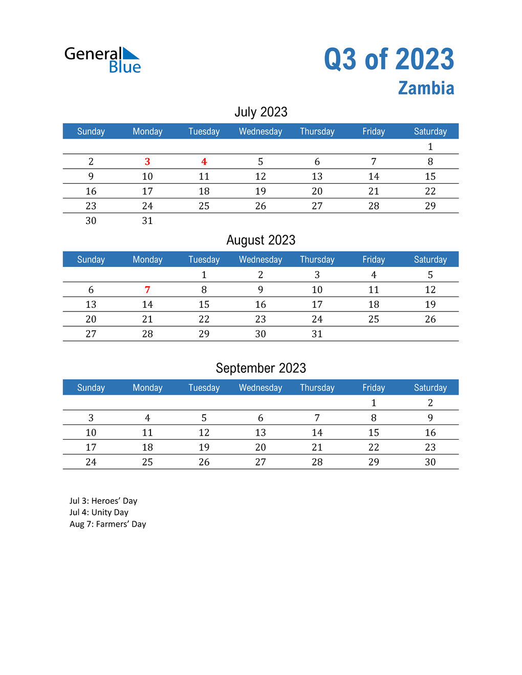  Zambia 2023 Quarterly Calendar 