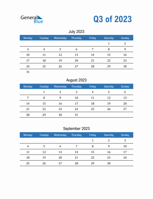 Fillable Quarterly Calendar for Q3 2023