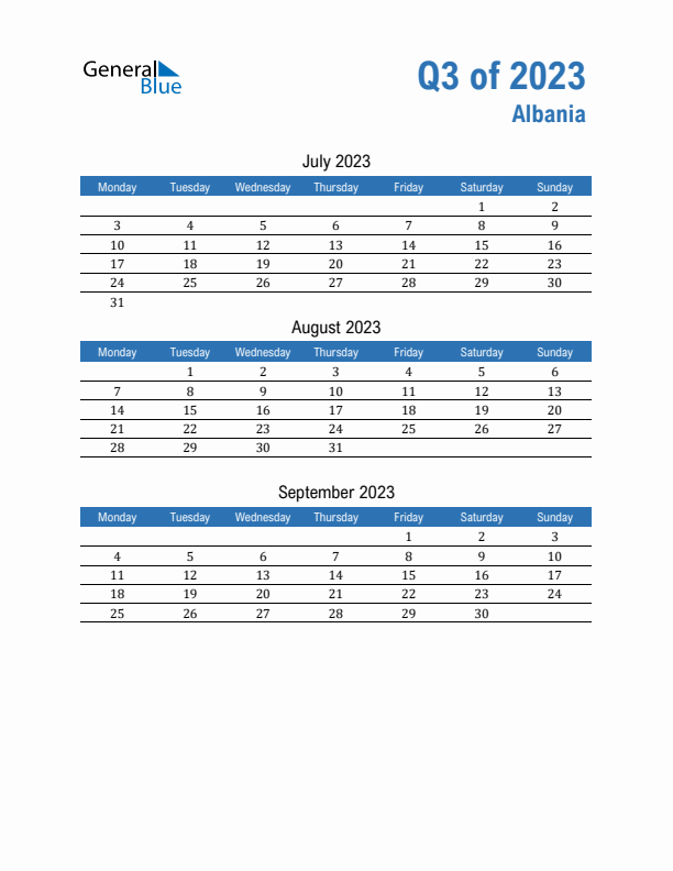 Albania 2023 Quarterly Calendar with Monday Start