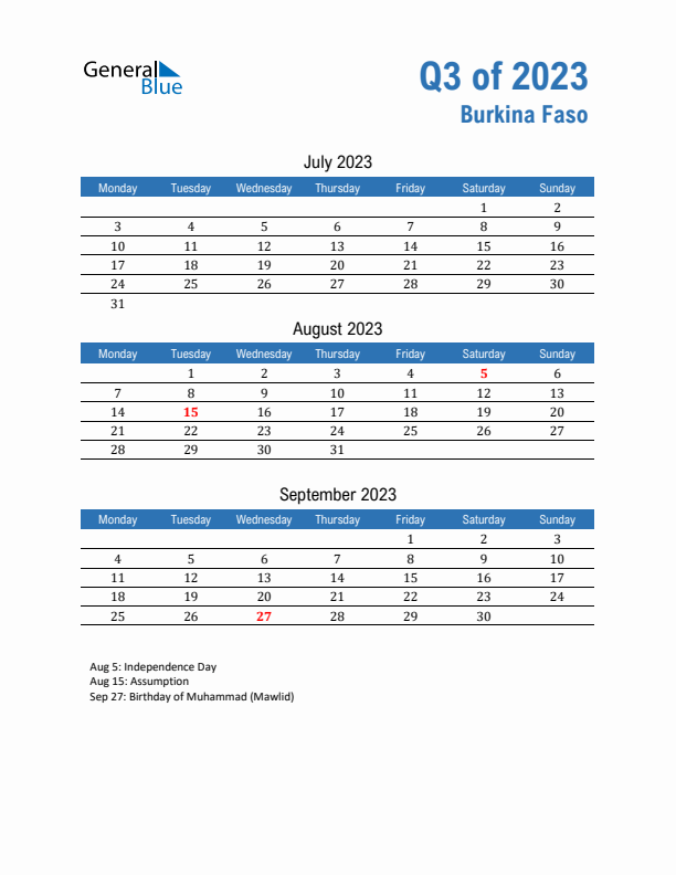 Burkina Faso 2023 Quarterly Calendar with Monday Start