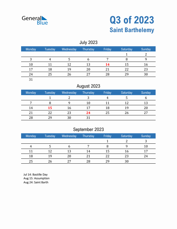 Saint Barthelemy 2023 Quarterly Calendar with Monday Start