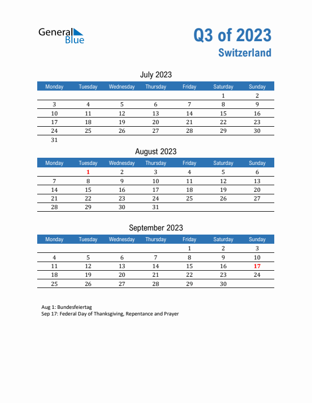 Switzerland 2023 Quarterly Calendar with Monday Start