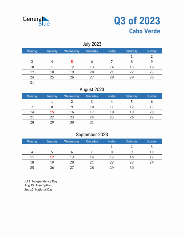 Cabo Verde 2023 Quarterly Calendar with Monday Start