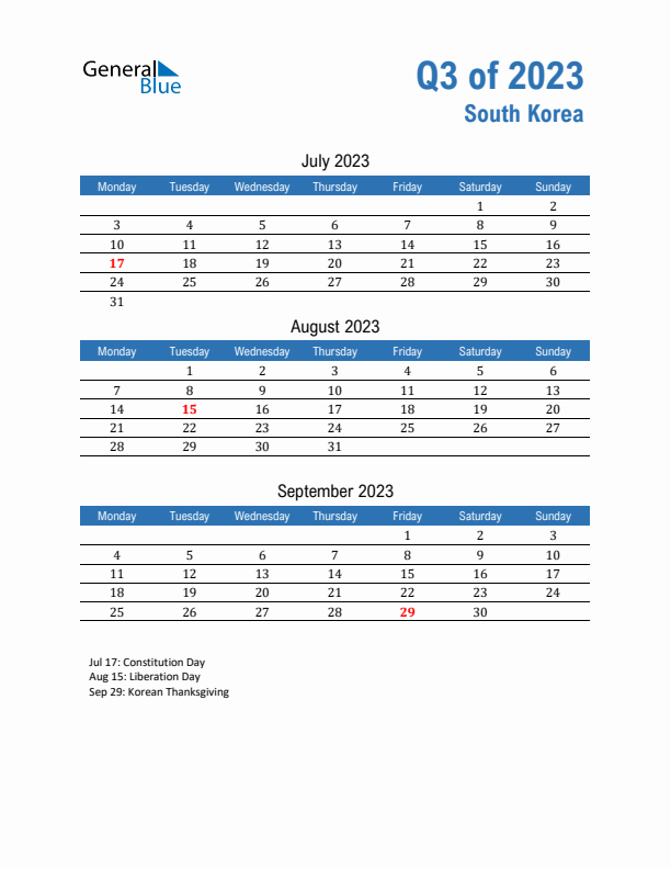 South Korea 2023 Quarterly Calendar with Monday Start