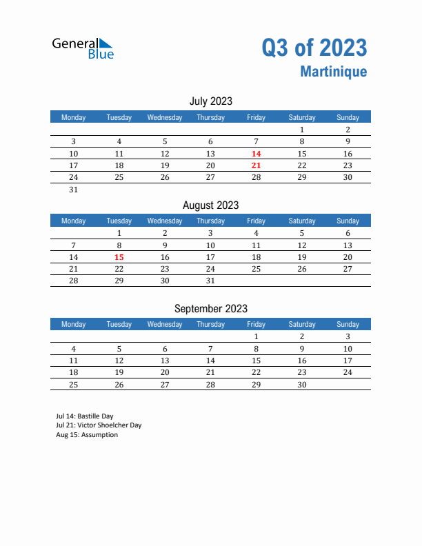 Martinique 2023 Quarterly Calendar with Monday Start