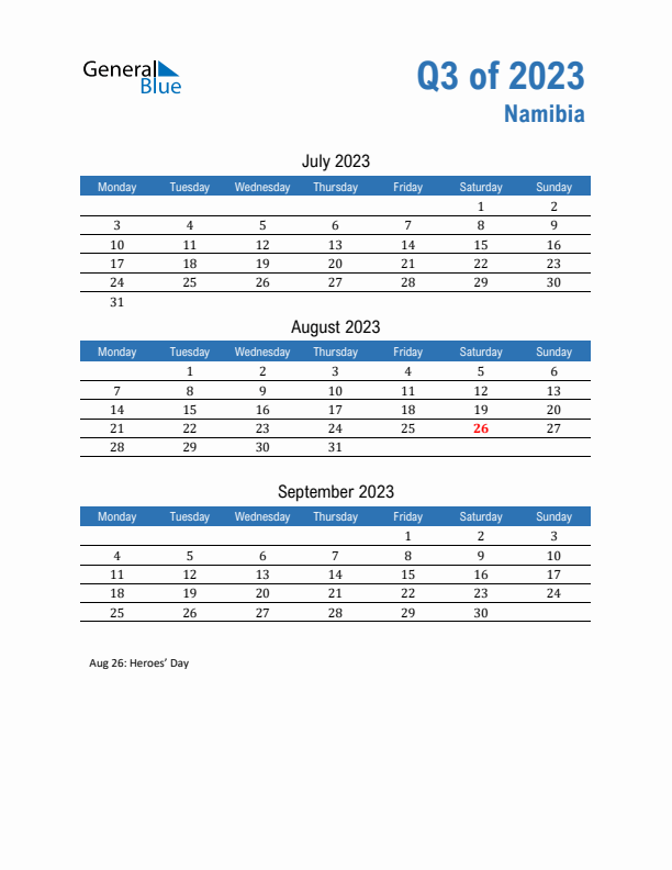 Namibia 2023 Quarterly Calendar with Monday Start