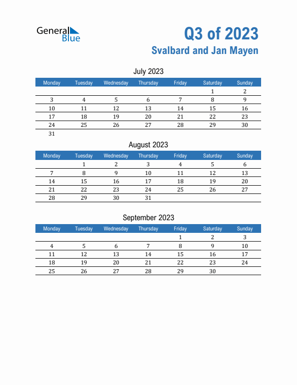 Q3 2023 Monday Start Quarterly Calendar With Svalbard And Jan Mayen
