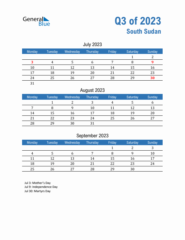 South Sudan 2023 Quarterly Calendar with Monday Start