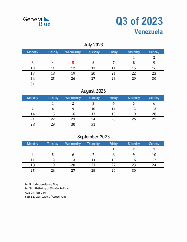Venezuela 2023 Quarterly Calendar with Monday Start