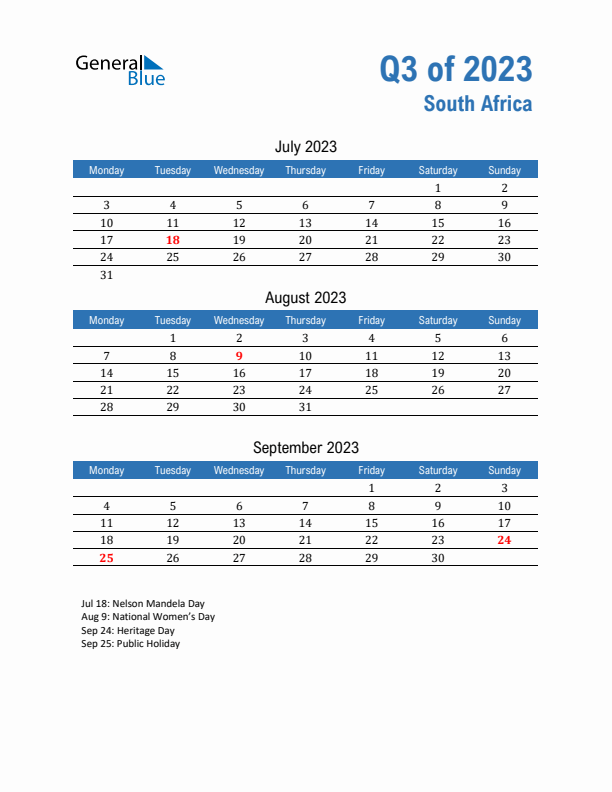 South Africa 2023 Quarterly Calendar with Monday Start