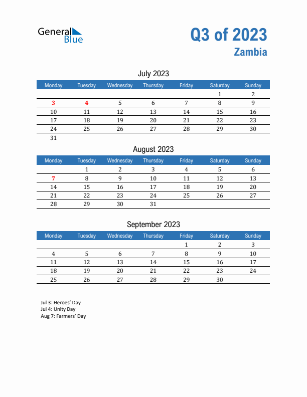 Zambia 2023 Quarterly Calendar with Monday Start
