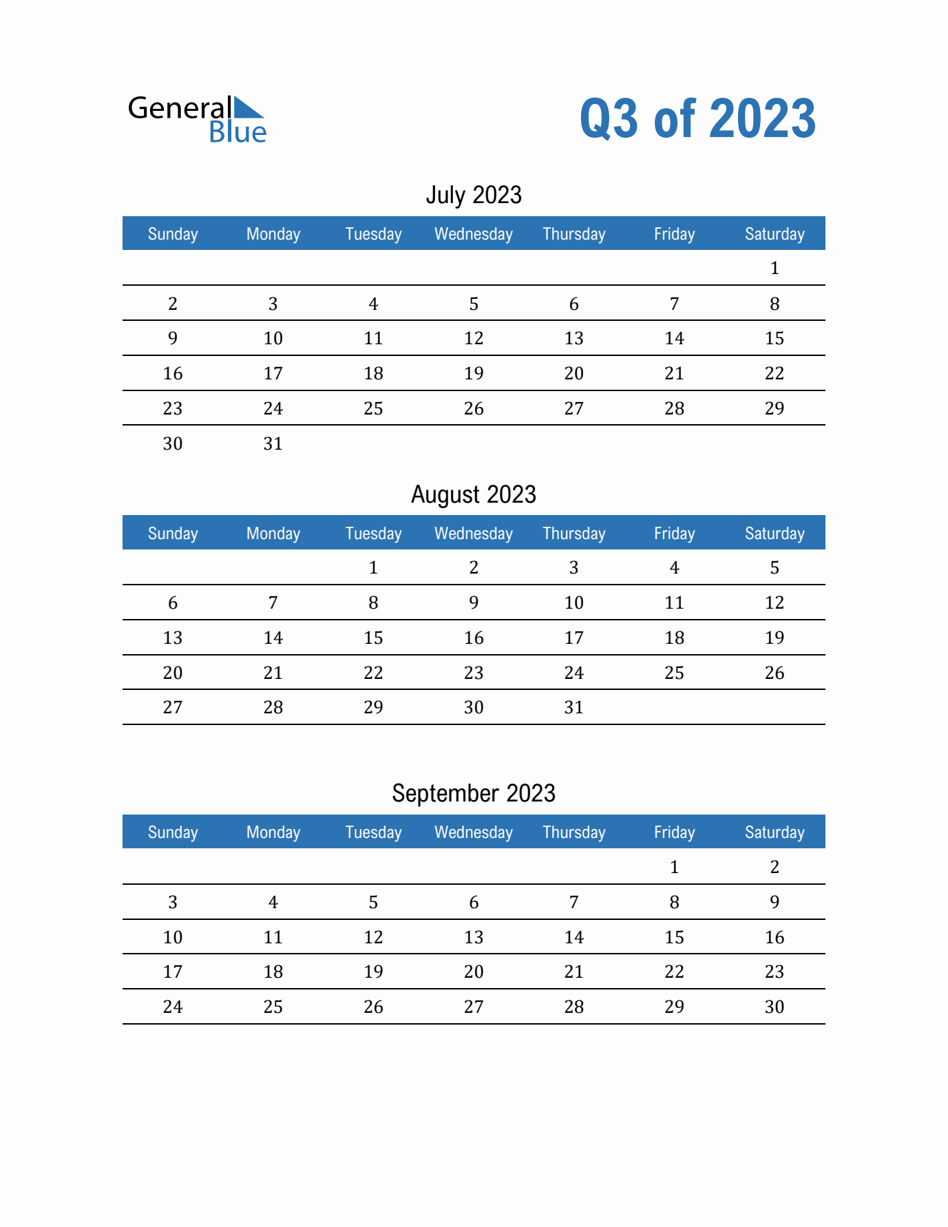 Q3 Quarterly Calendar 2023 In PDF Word Excel