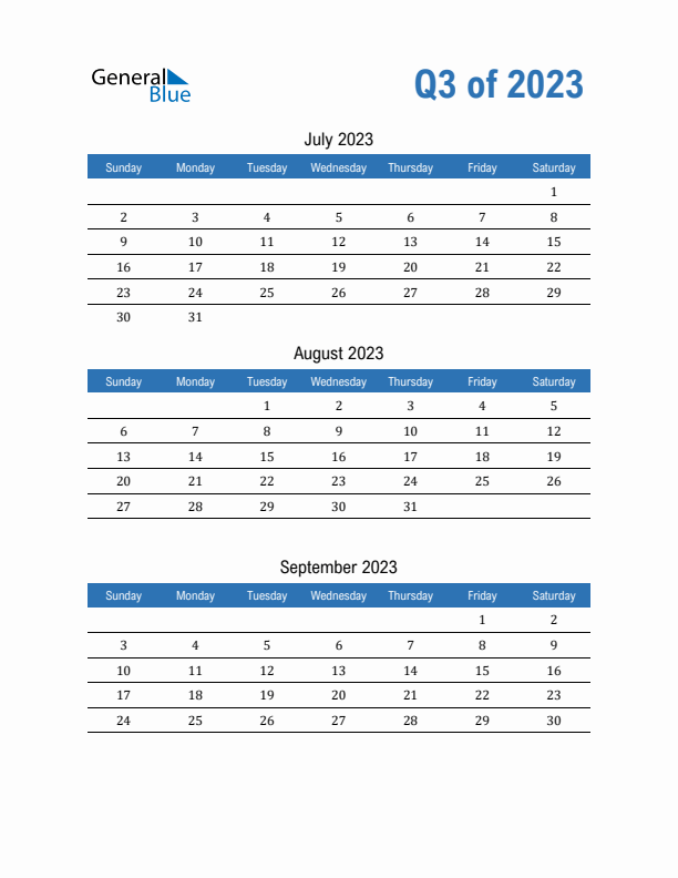 Fillable Quarterly Calendar for Q3 2023