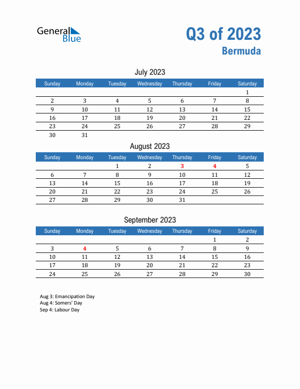 Bermuda 2023 Quarterly Calendar with Sunday Start