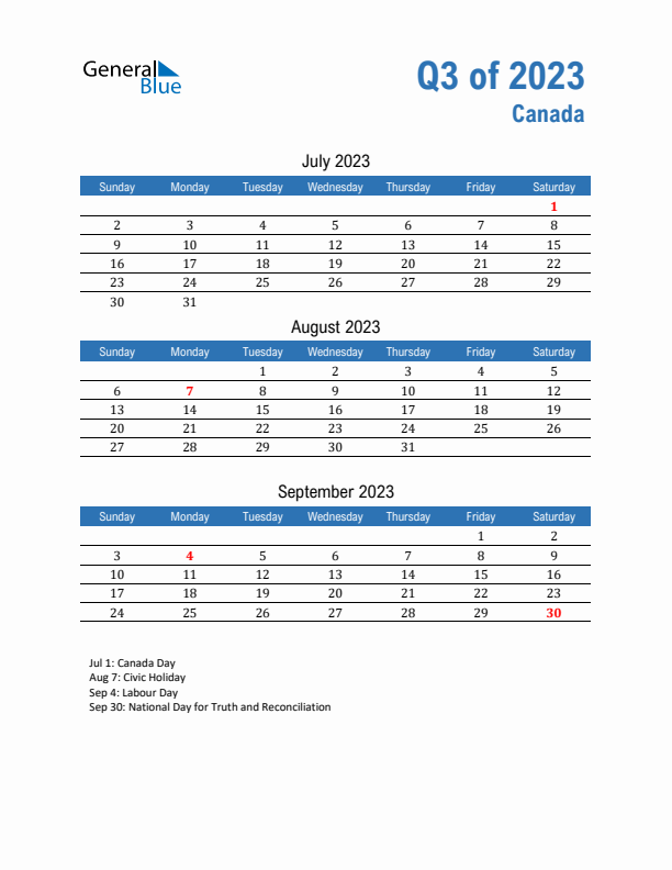 Canada 2023 Quarterly Calendar with Sunday Start