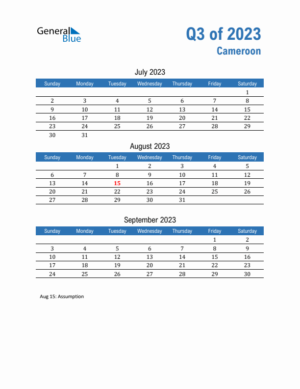 Cameroon 2023 Quarterly Calendar with Sunday Start