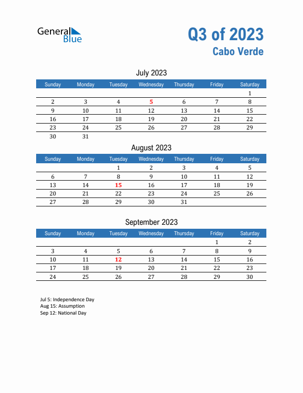 Cabo Verde 2023 Quarterly Calendar with Sunday Start
