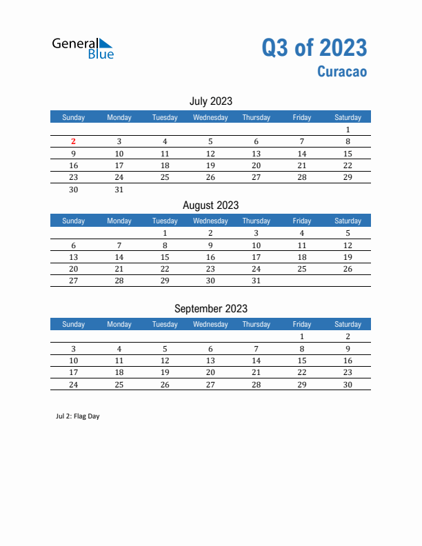 Curacao 2023 Quarterly Calendar with Sunday Start