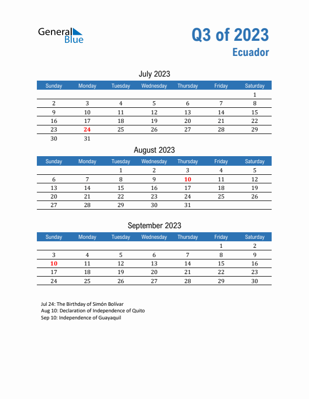 Ecuador 2023 Quarterly Calendar with Sunday Start