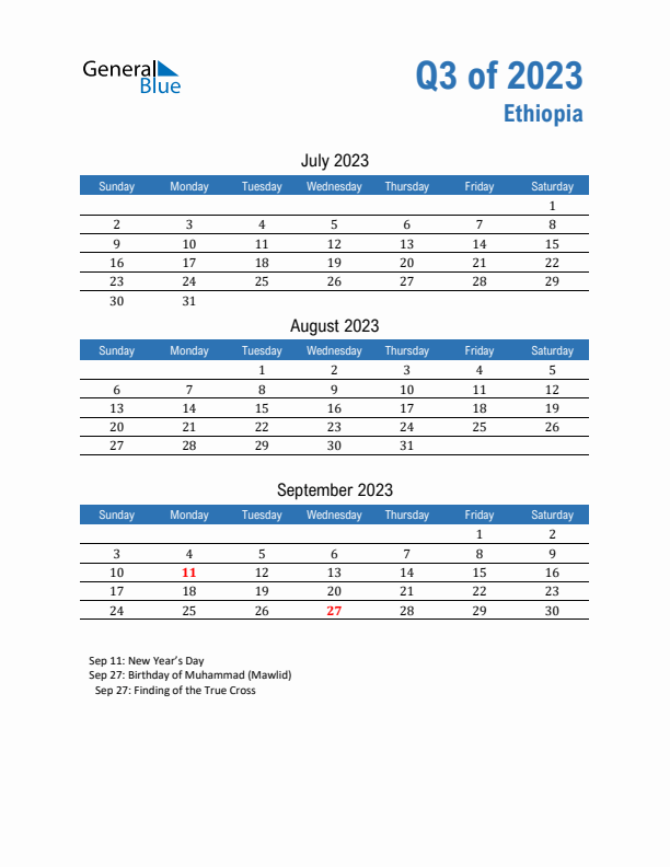 Ethiopia 2023 Quarterly Calendar with Sunday Start