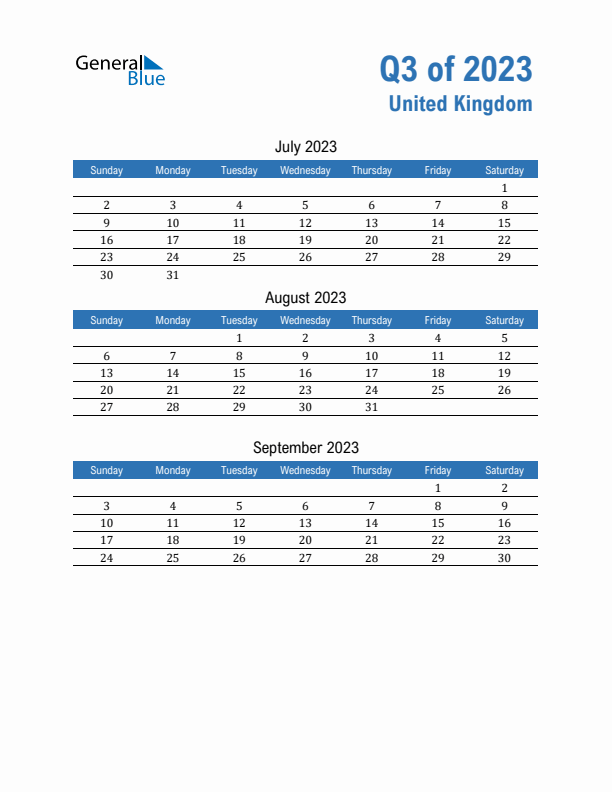 United Kingdom 2023 Quarterly Calendar with Sunday Start