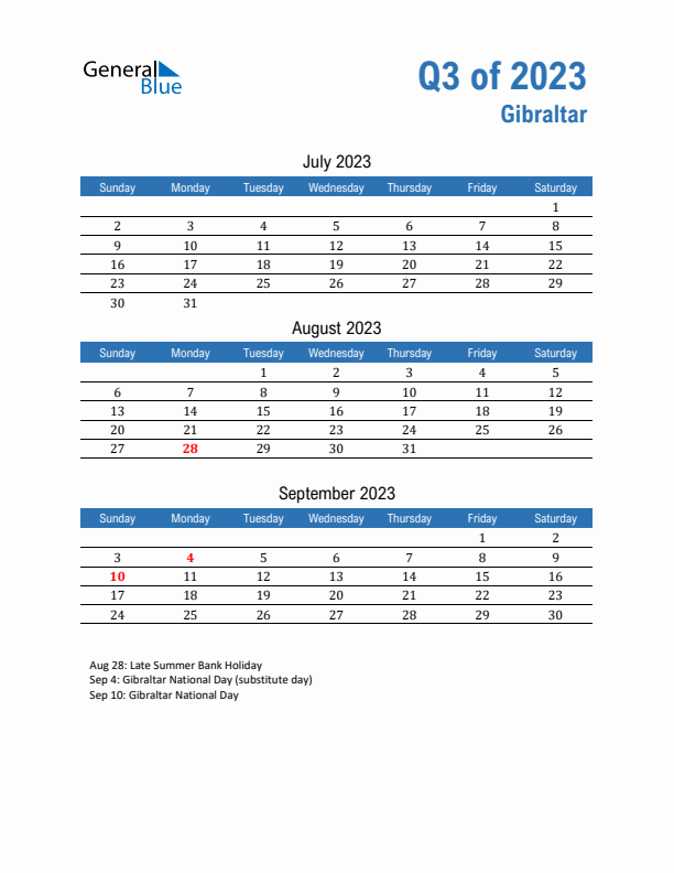 Gibraltar 2023 Quarterly Calendar with Sunday Start