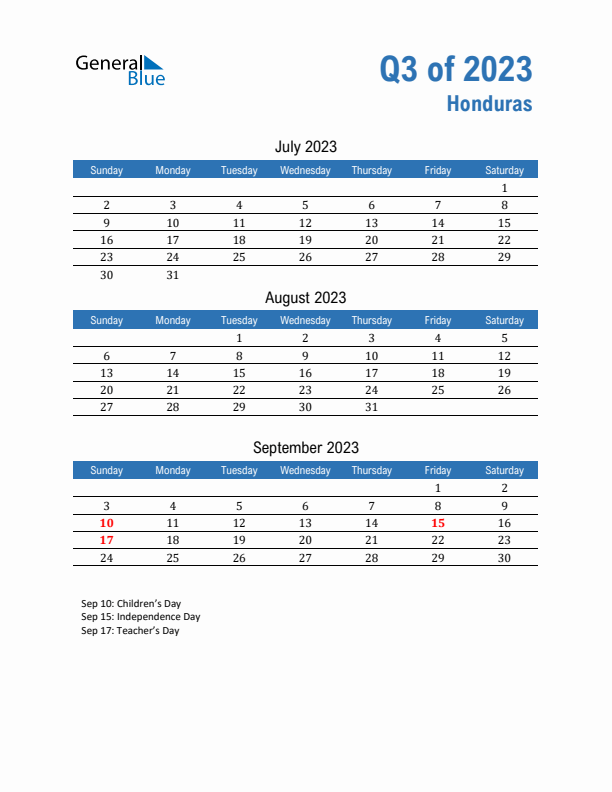 Honduras 2023 Quarterly Calendar with Sunday Start