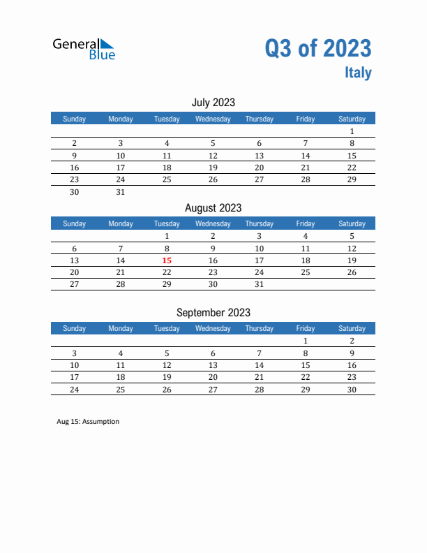 Italy 2023 Quarterly Calendar with Sunday Start