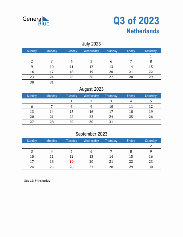 The Netherlands 2023 Quarterly Calendar with Sunday Start
